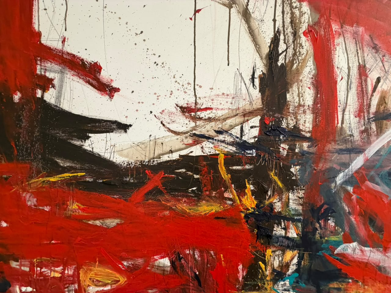Layered abstract painting in warm tones