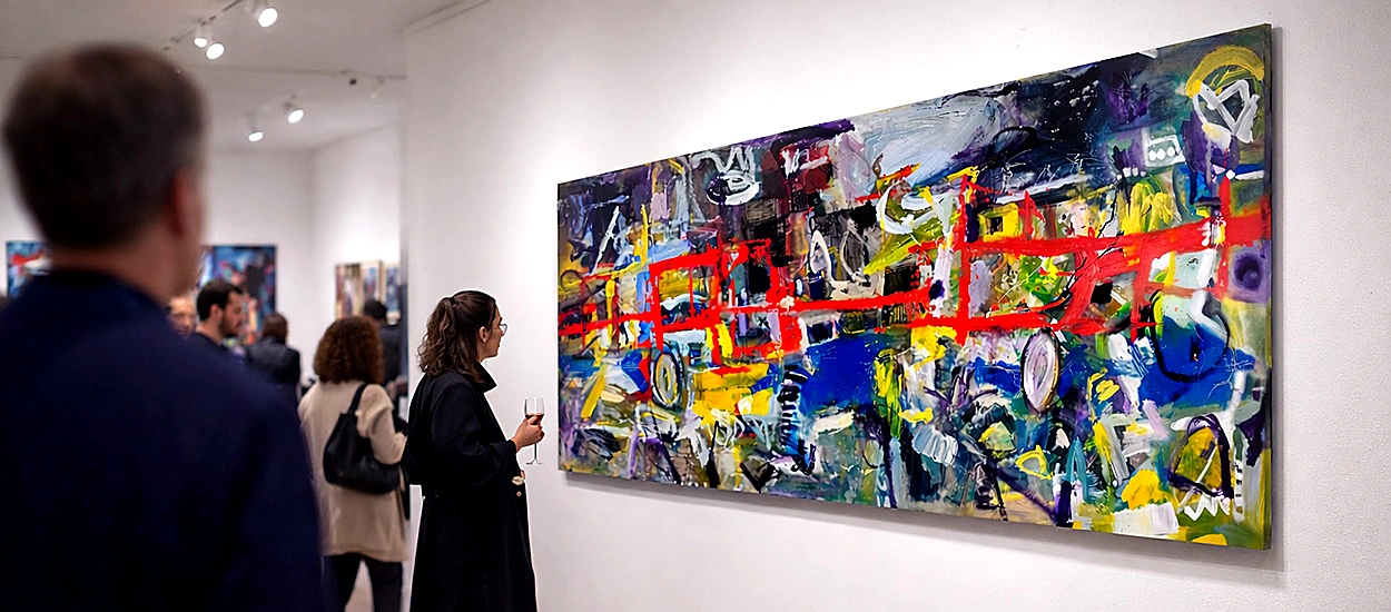 Visitors viewing a Nupur Jha abstract painting at a gallery opening